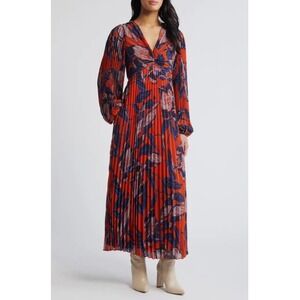 NWT Chelsea28 Floral Print Pleated Long Sleeve Dress Rust Blue Floral Sz XS $149